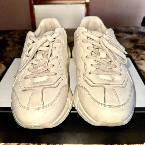 Gucci Rython Men's Distressed Logo Leather Sneakers in Cream - Picture 3 of 14